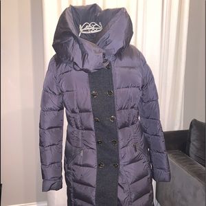 Add down gray puffer coat with gray wool panels